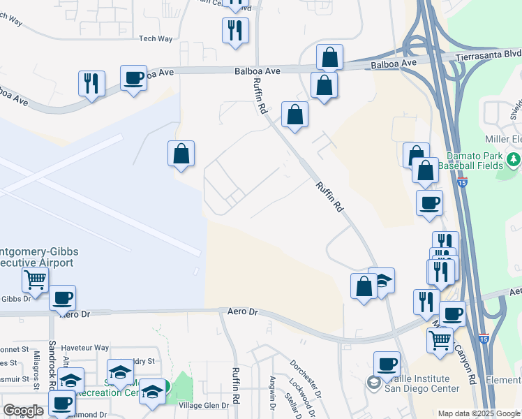 map of restaurants, bars, coffee shops, grocery stores, and more near 9250 Sky Park Court in San Diego