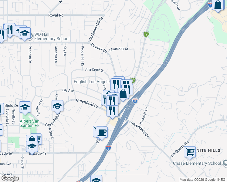 map of restaurants, bars, coffee shops, grocery stores, and more near 1498 Country Crest Drive in El Cajon