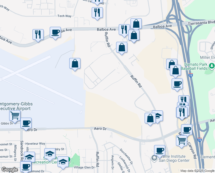 map of restaurants, bars, coffee shops, grocery stores, and more near 9210 Sky Park Ct in San Diego