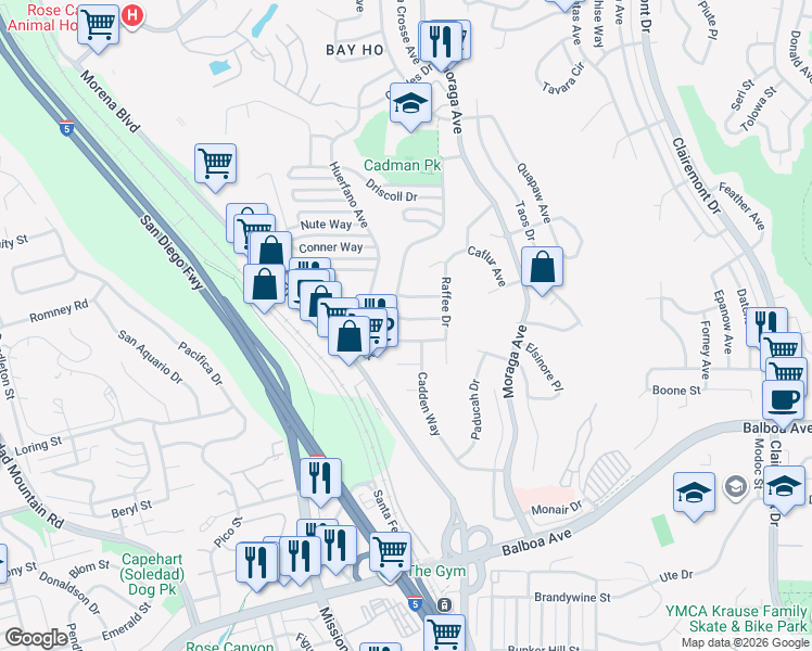 map of restaurants, bars, coffee shops, grocery stores, and more near 3204 North Star Drive in San Diego
