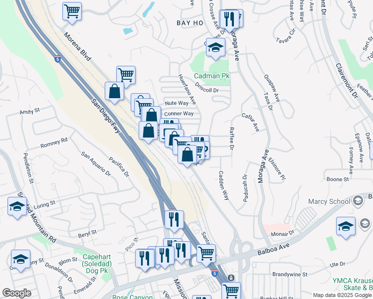 map of restaurants, bars, coffee shops, grocery stores, and more near 4061 Huerfano Avenue in San Diego