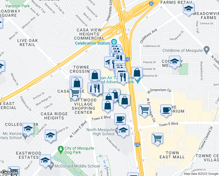 map of restaurants, bars, coffee shops, grocery stores, and more near 3753 Towne Crossing Boulevard in Mesquite