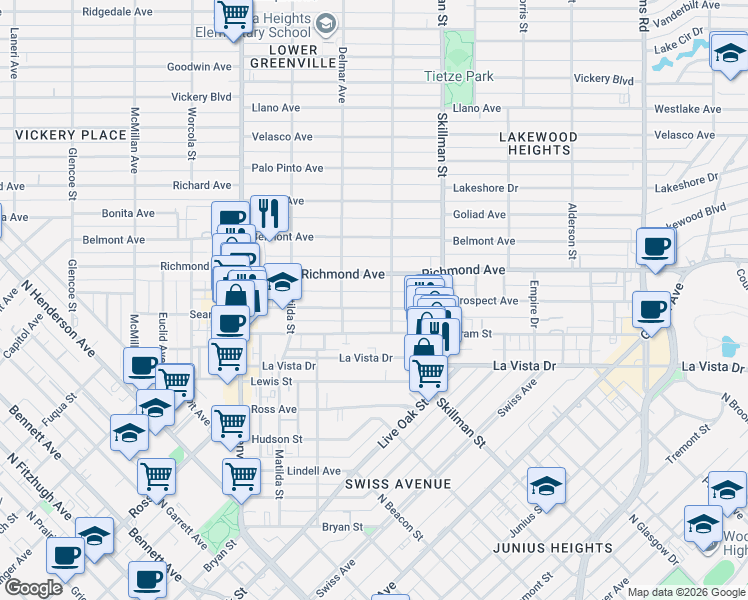 map of restaurants, bars, coffee shops, grocery stores, and more near 5918 Richmond Avenue in Dallas