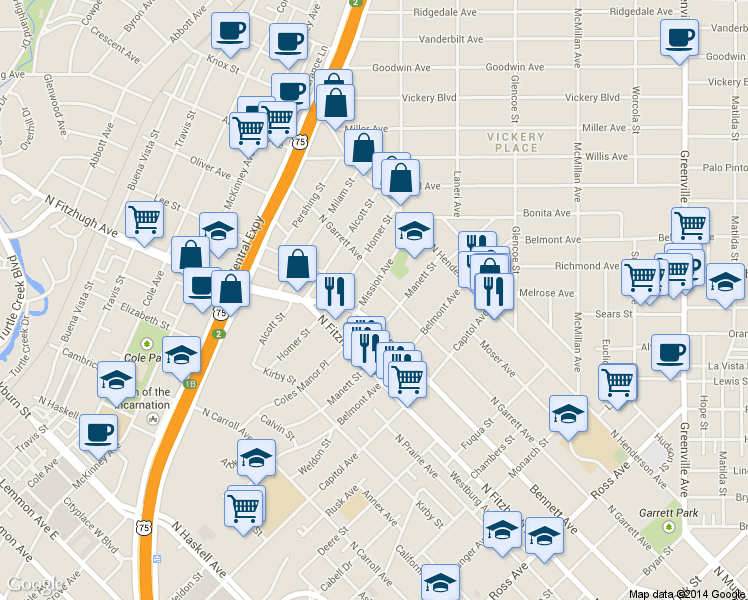 map of restaurants, bars, coffee shops, grocery stores, and more near 5102 Mission Avenue in Dallas