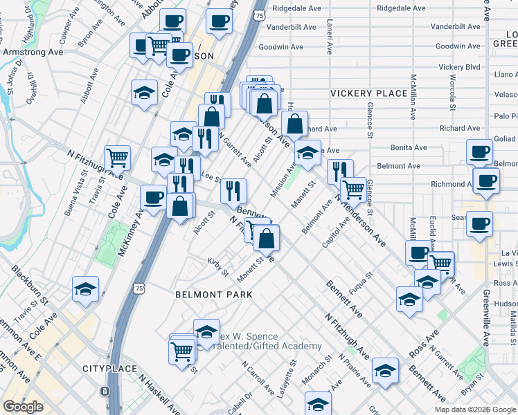 map of restaurants, bars, coffee shops, grocery stores, and more near 5006 Homer Street in Dallas