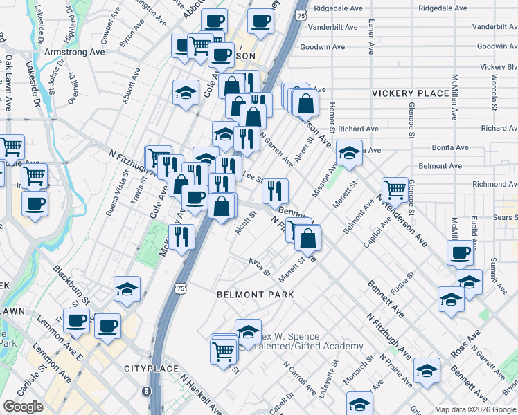 map of restaurants, bars, coffee shops, grocery stores, and more near 2900 North Fitzhugh Avenue in Dallas