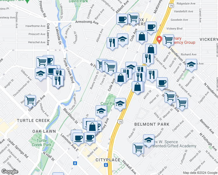 map of restaurants, bars, coffee shops, grocery stores, and more near 4111 Cole Avenue in Dallas