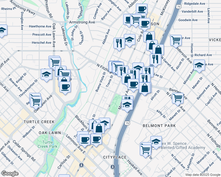 map of restaurants, bars, coffee shops, grocery stores, and more near 4111 Cole Avenue in Dallas