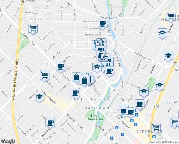 map of restaurants, bars, coffee shops, grocery stores, and more near 3905 Gilbert Avenue in Dallas