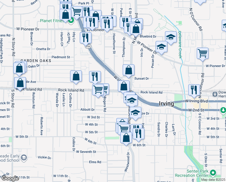 map of restaurants, bars, coffee shops, grocery stores, and more near 120 North Rogers Road in Irving