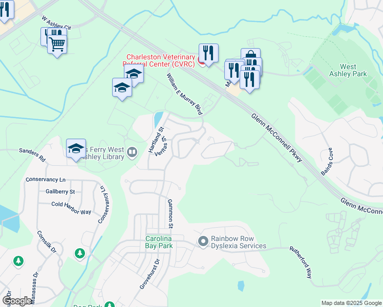 map of restaurants, bars, coffee shops, grocery stores, and more near 4082 Babbitt Street in Charleston