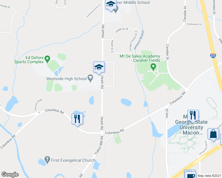 map of restaurants, bars, coffee shops, grocery stores, and more near 108 George Oxford Drive in Macon