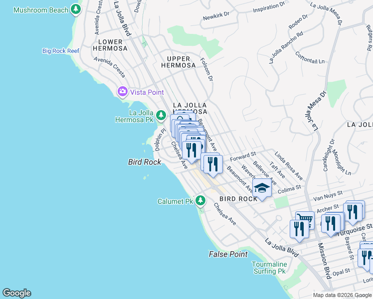 map of restaurants, bars, coffee shops, grocery stores, and more near in San Diego