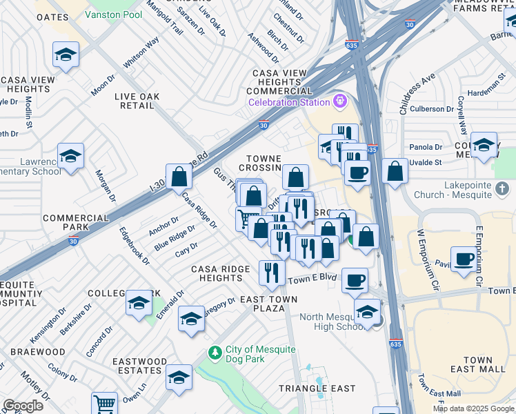 map of restaurants, bars, coffee shops, grocery stores, and more near 3752 Gus Thomasson Rd in Mesquite