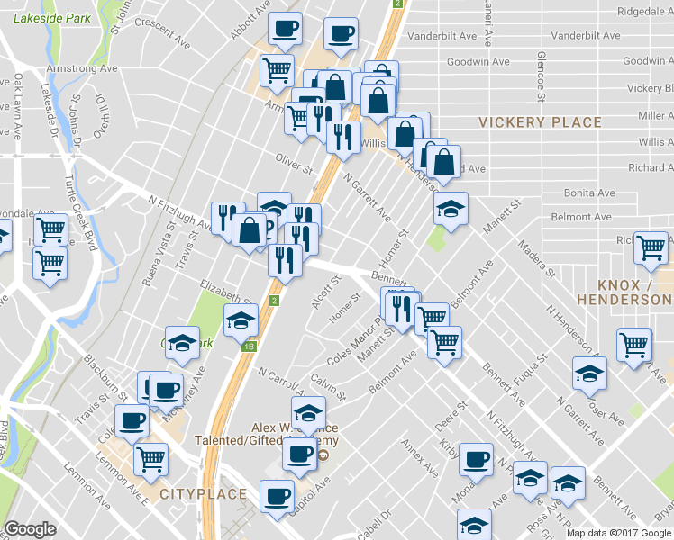 map of restaurants, bars, coffee shops, grocery stores, and more near 2823 North Fitzhugh Avenue in Dallas
