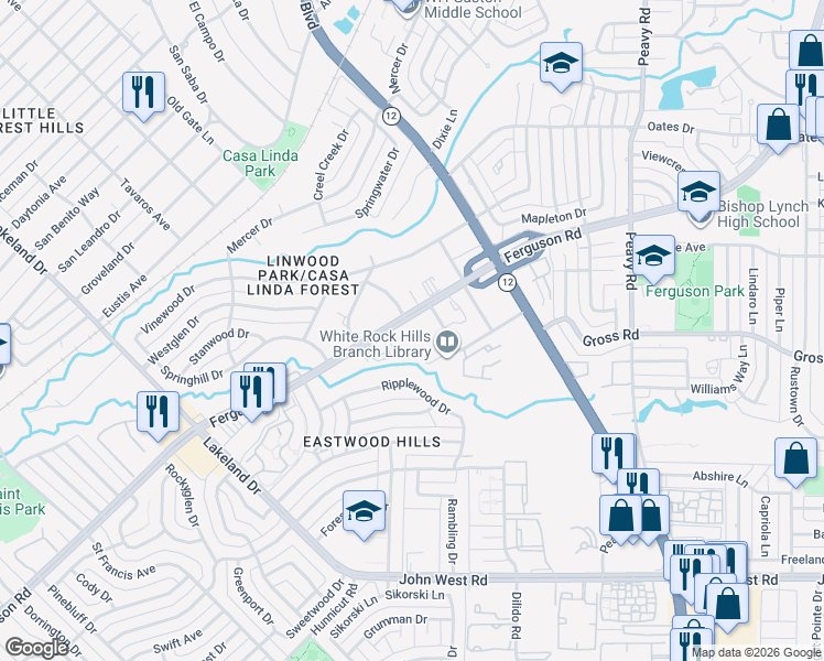 map of restaurants, bars, coffee shops, grocery stores, and more near 9220 Ferguson Road in Dallas