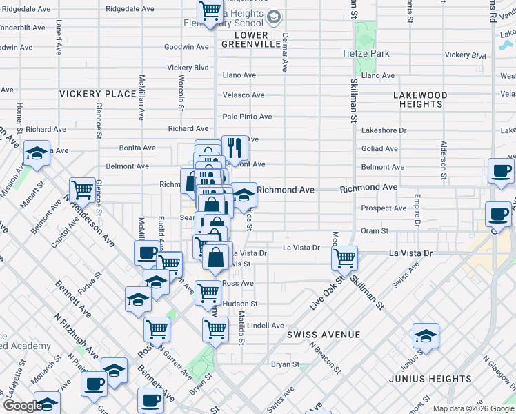 map of restaurants, bars, coffee shops, grocery stores, and more near 2118 Matilda Street in Dallas