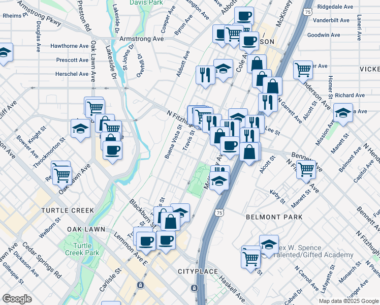 map of restaurants, bars, coffee shops, grocery stores, and more near 4111 Cole Avenue in Dallas