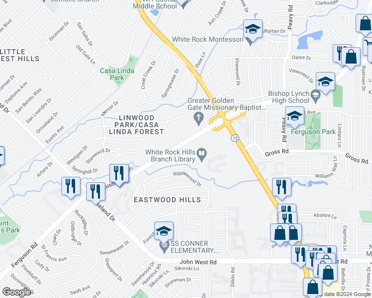 map of restaurants, bars, coffee shops, grocery stores, and more near 9220 Ferguson Road in Dallas