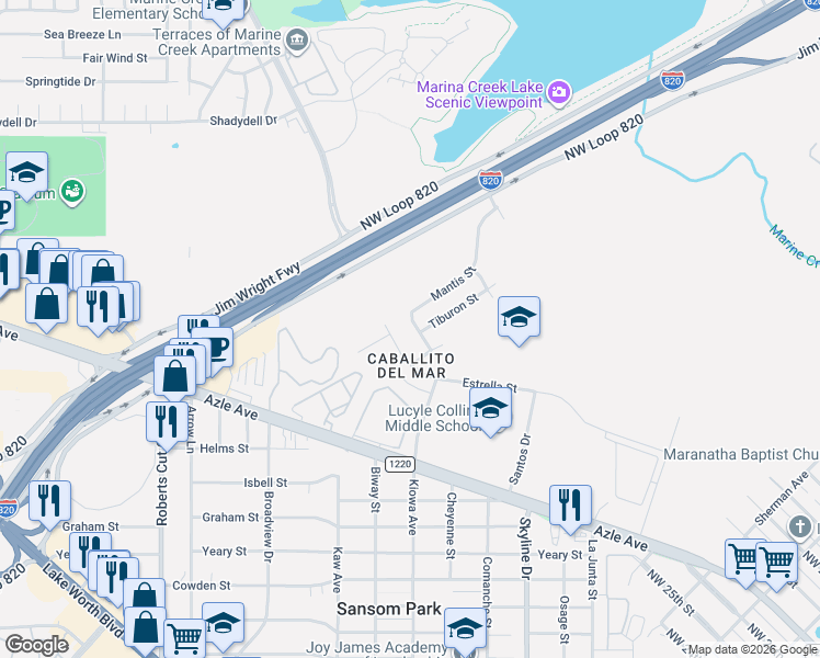 map of restaurants, bars, coffee shops, grocery stores, and more near 3925 Mantis Street in Fort Worth