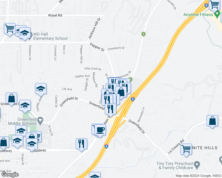 map of restaurants, bars, coffee shops, grocery stores, and more near 1467 Country Crest Drive in El Cajon