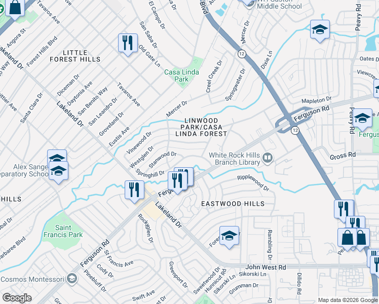 map of restaurants, bars, coffee shops, grocery stores, and more near 9124 Westglen Drive in Dallas