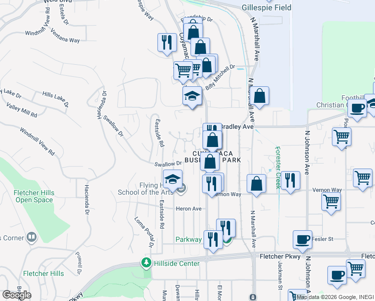 map of restaurants, bars, coffee shops, grocery stores, and more near 1462 Robin Lane in El Cajon
