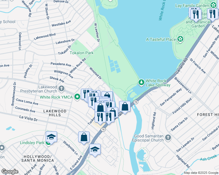 map of restaurants, bars, coffee shops, grocery stores, and more near 2201 Winsted Drive in Dallas