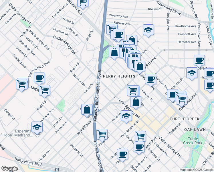 map of restaurants, bars, coffee shops, grocery stores, and more near 4414 Cedar Springs Road in Dallas