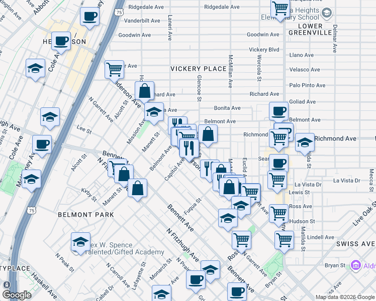 map of restaurants, bars, coffee shops, grocery stores, and more near 2410 North Henderson Avenue in Dallas