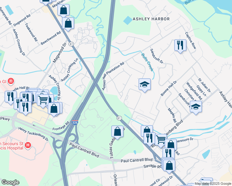 map of restaurants, bars, coffee shops, grocery stores, and more near 78 Ashley Hall Plantation Road in Charleston
