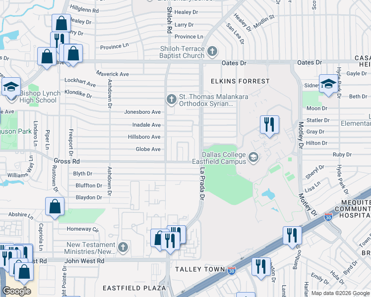 map of restaurants, bars, coffee shops, grocery stores, and more near 8948 Cartagena Place in Dallas