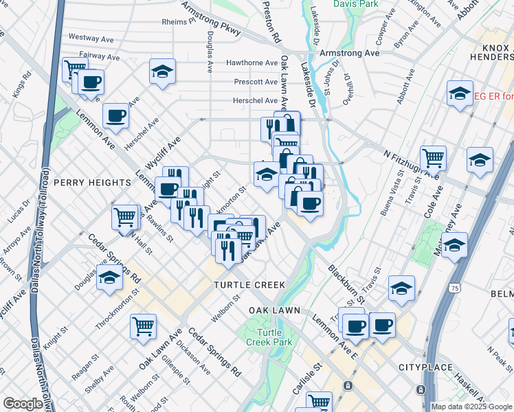 map of restaurants, bars, coffee shops, grocery stores, and more near 3905 Gilbert Avenue in Dallas