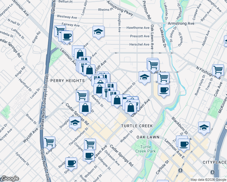 map of restaurants, bars, coffee shops, grocery stores, and more near 4029 Bowser Avenue in Dallas