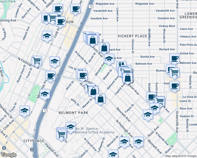 map of restaurants, bars, coffee shops, grocery stores, and more near 5102 Mission Avenue in Dallas