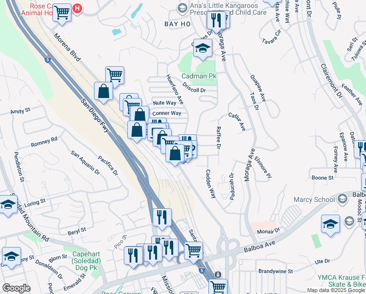 map of restaurants, bars, coffee shops, grocery stores, and more near 4064 Huerfano Avenue in San Diego