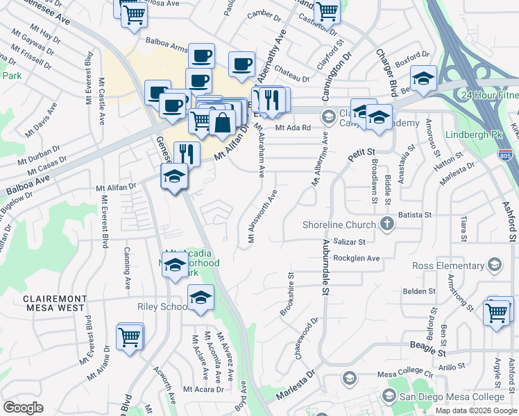 map of restaurants, bars, coffee shops, grocery stores, and more near 3920 Mount Ainsworth Avenue in San Diego
