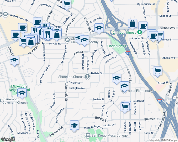 map of restaurants, bars, coffee shops, grocery stores, and more near 3907 Biddle Street in San Diego