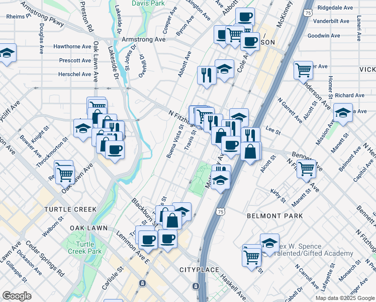 map of restaurants, bars, coffee shops, grocery stores, and more near 4110 Travis Street in Dallas