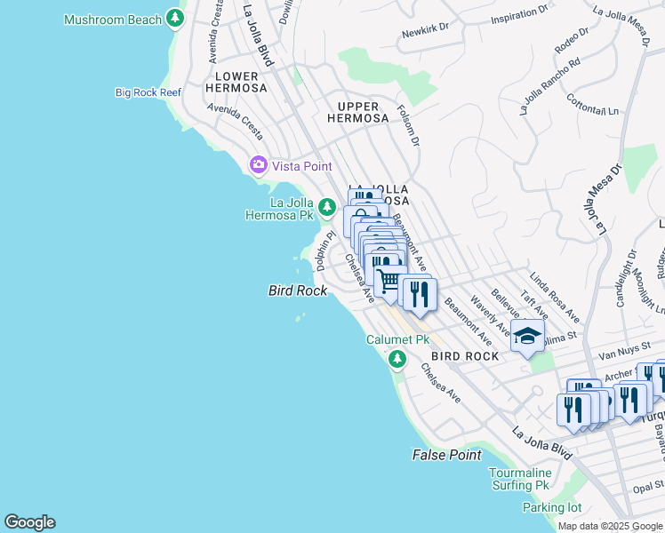 map of restaurants, bars, coffee shops, grocery stores, and more near Abalone Place in San Diego