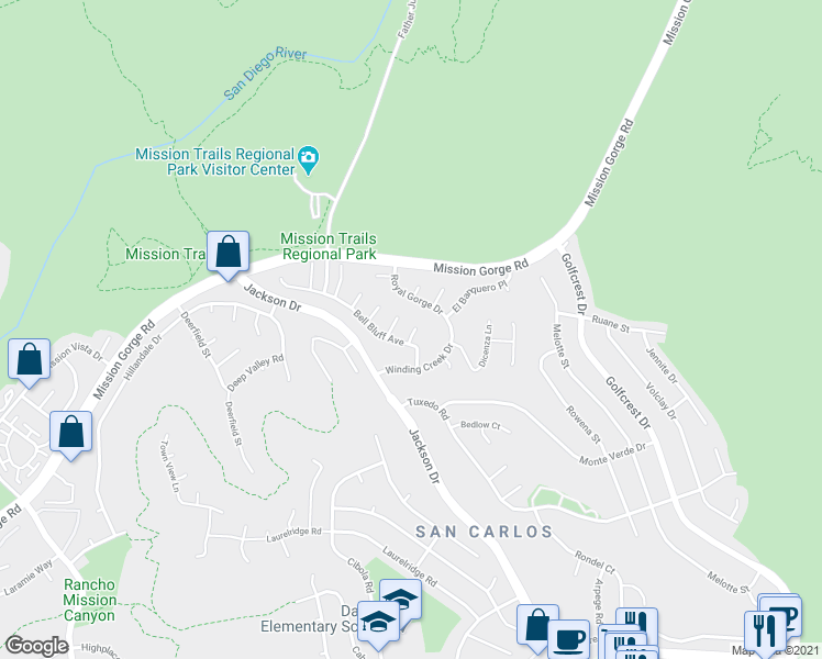 map of restaurants, bars, coffee shops, grocery stores, and more near 6674 Bell Bluff Avenue in San Diego