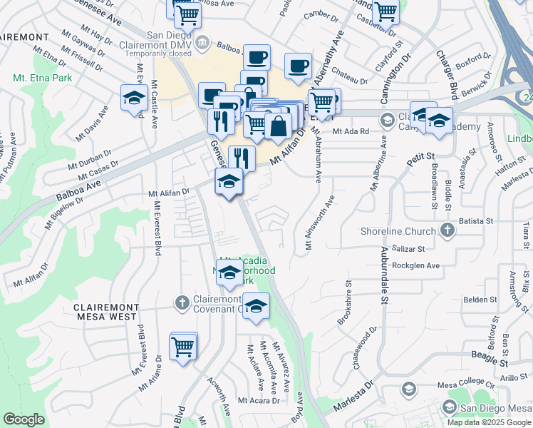 map of restaurants, bars, coffee shops, grocery stores, and more near 5558 Caminito Roberto in San Diego
