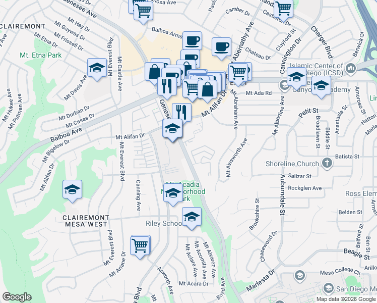 map of restaurants, bars, coffee shops, grocery stores, and more near 4186 Mount Alifan Drive in San Diego