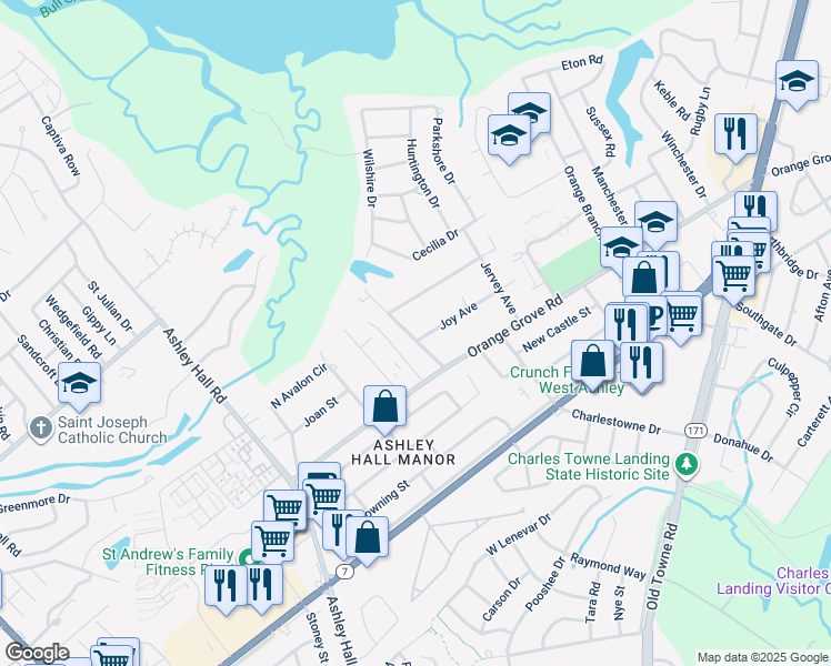 map of restaurants, bars, coffee shops, grocery stores, and more near 1450 Joy Avenue in Charleston