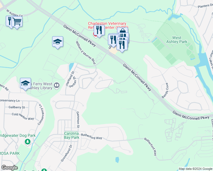 map of restaurants, bars, coffee shops, grocery stores, and more near 100 Lochaven Drive in Charleston