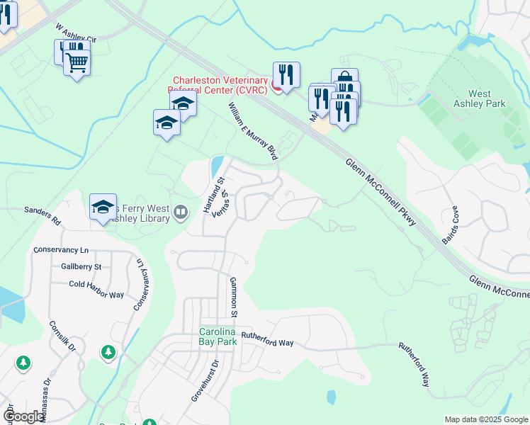 map of restaurants, bars, coffee shops, grocery stores, and more near 4070 Babbit Street in Charleston