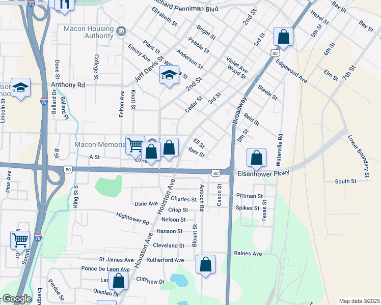 map of restaurants, bars, coffee shops, grocery stores, and more near 475 Ibex Street in Macon