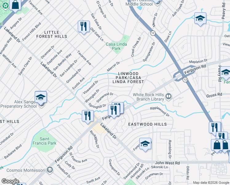 map of restaurants, bars, coffee shops, grocery stores, and more near 9026 Westglen Drive in Dallas