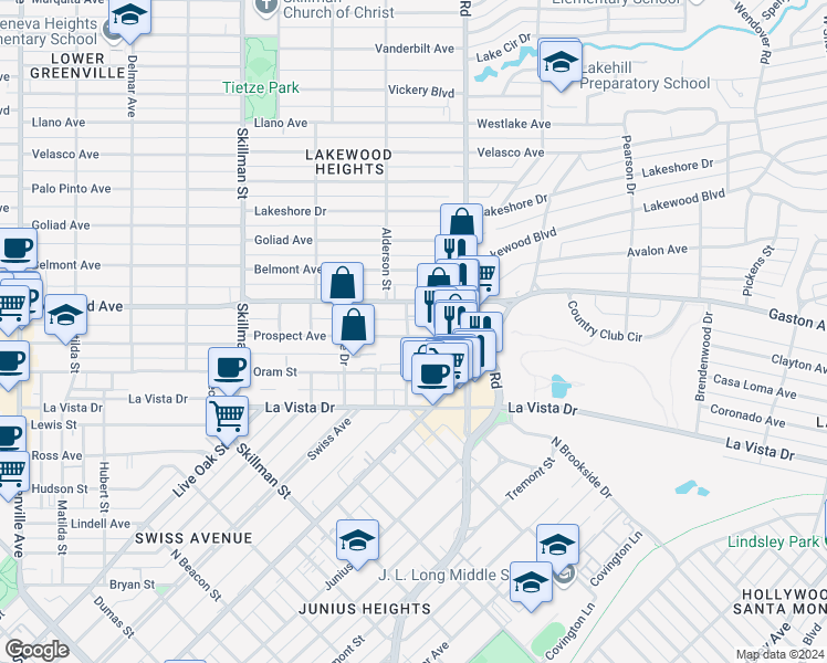 map of restaurants, bars, coffee shops, grocery stores, and more near 6315 Prospect Avenue in Dallas