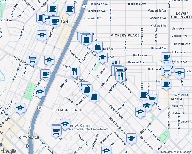 map of restaurants, bars, coffee shops, grocery stores, and more near 5102 Mission Avenue in Dallas